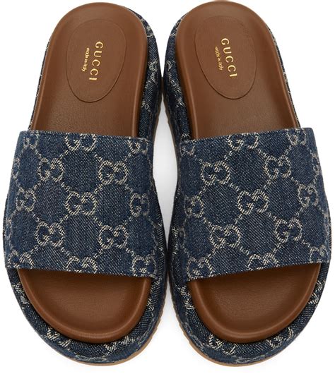 gucci navy blue slip ons womens cursive gucci writing|Gucci denim slide sandals.